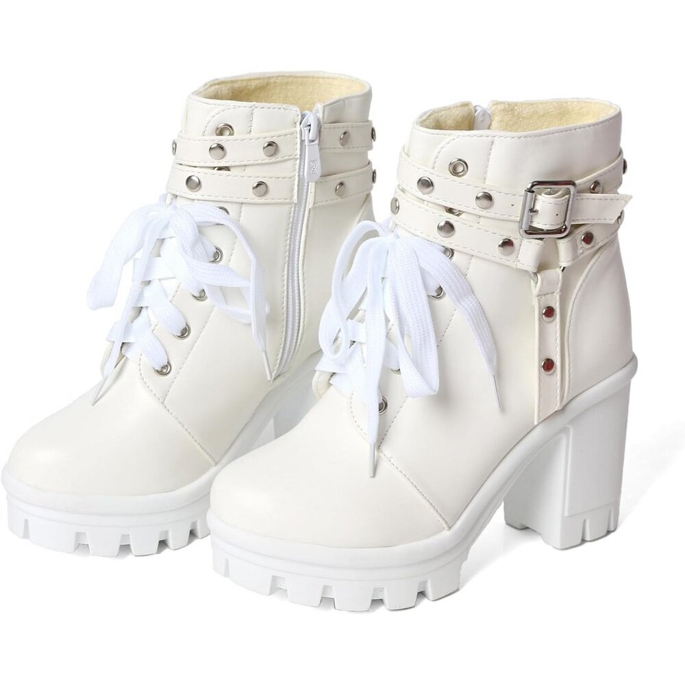 Meotina Women Chunky White Microfiber High Heel Rivets Platform Ankle Bootie - Picture 2 of 7